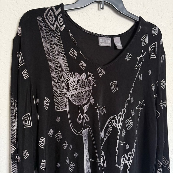 Additions by Chico's Black Slinky Giraffe Print Top Size XL Boho African Safari - Picture 3 of 7